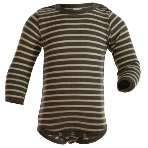 Engel Natur | Romper Longsleeve Wol/Zijde | Olive + Naturel Stripe